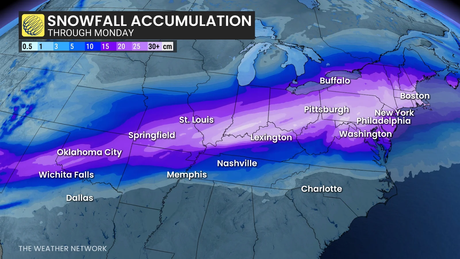 US Snowfall Through Monday