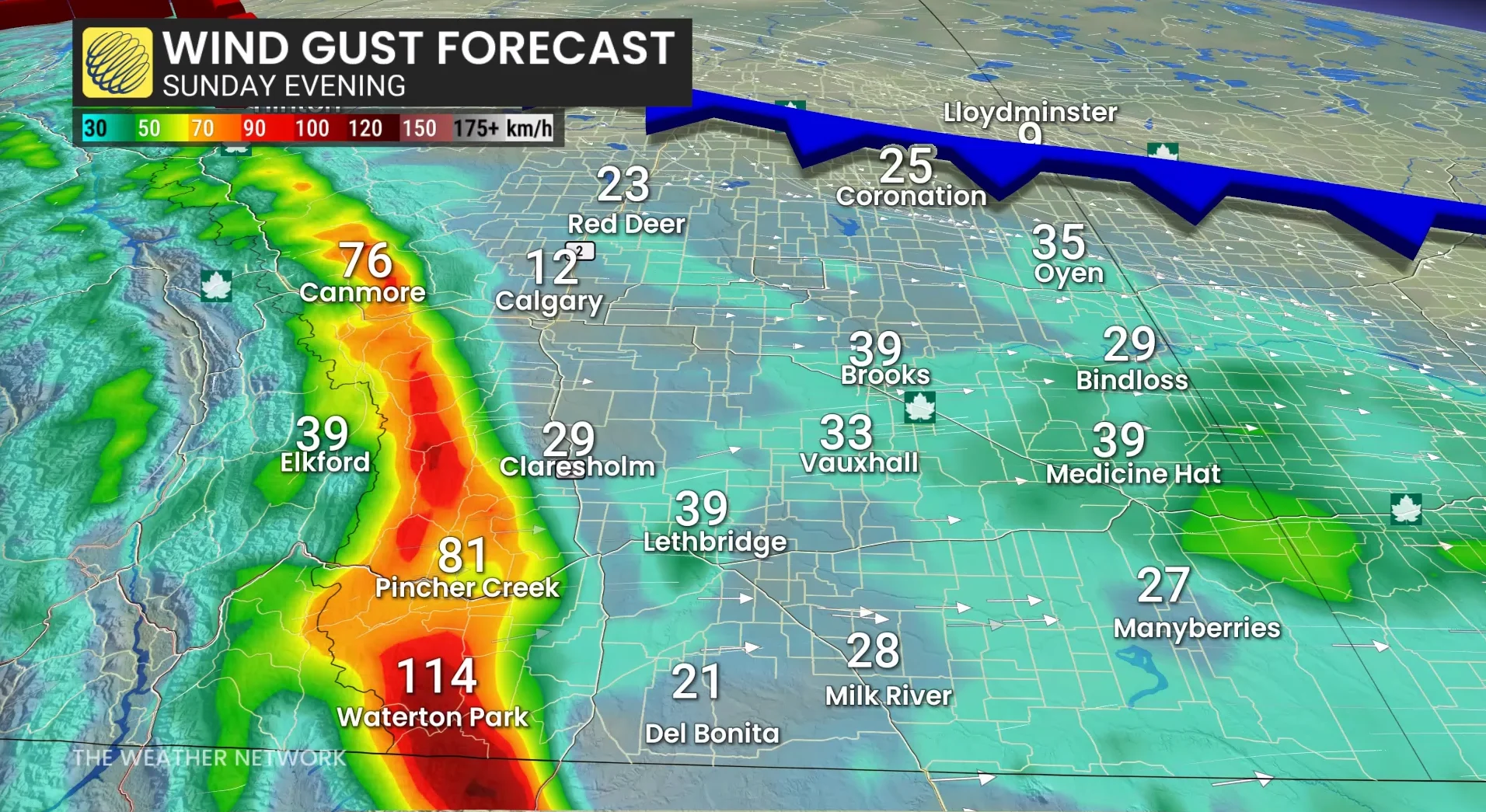 Alberta wind gusts Sunday evening