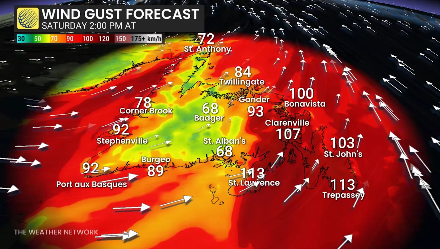 Strong, Winds, Gust, Newfoundland, Atlantic, December 20, 2025. (The Weather Network)