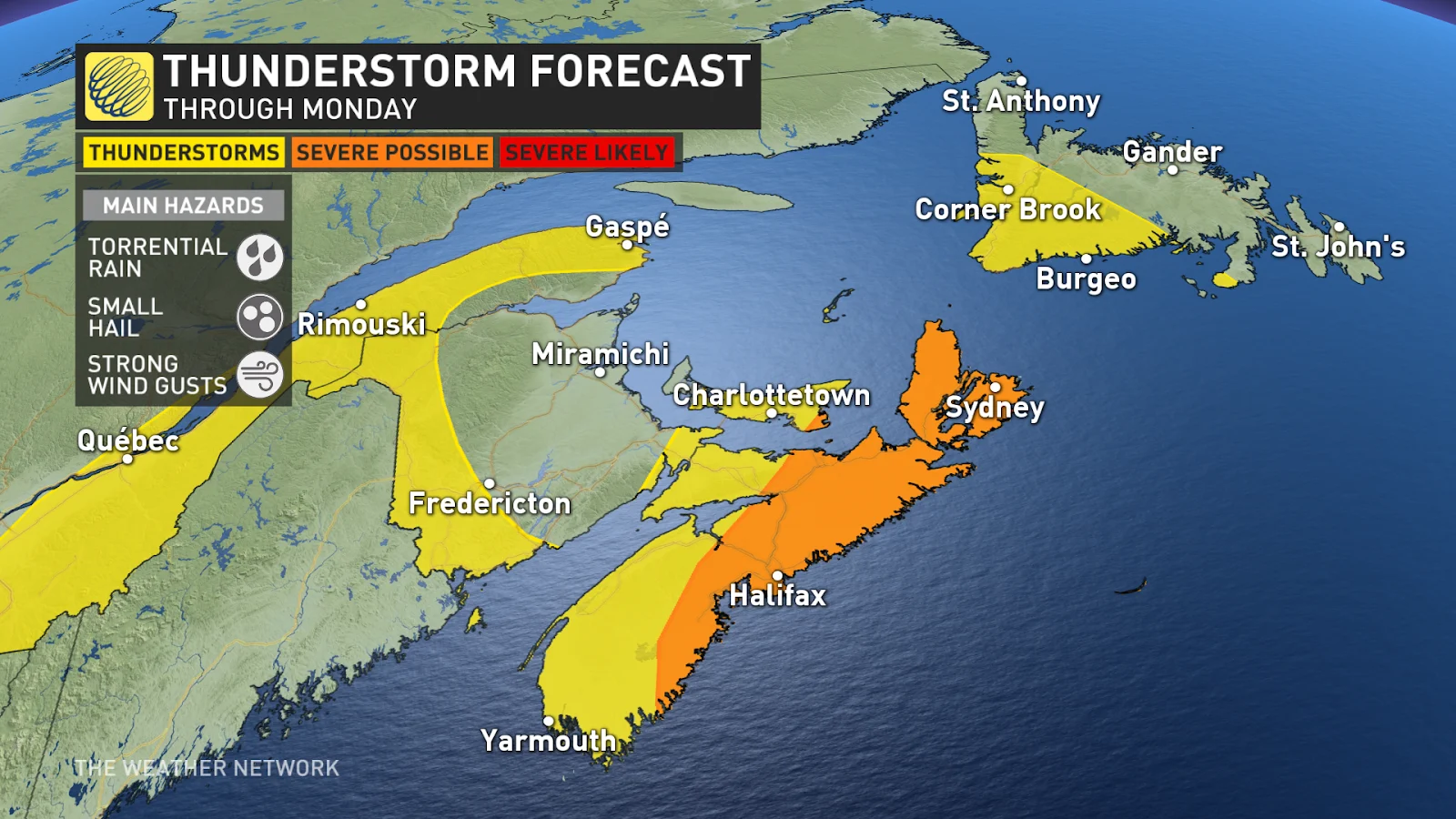Atlantic Canada Monday thunderstorm risk Aug 19 2024