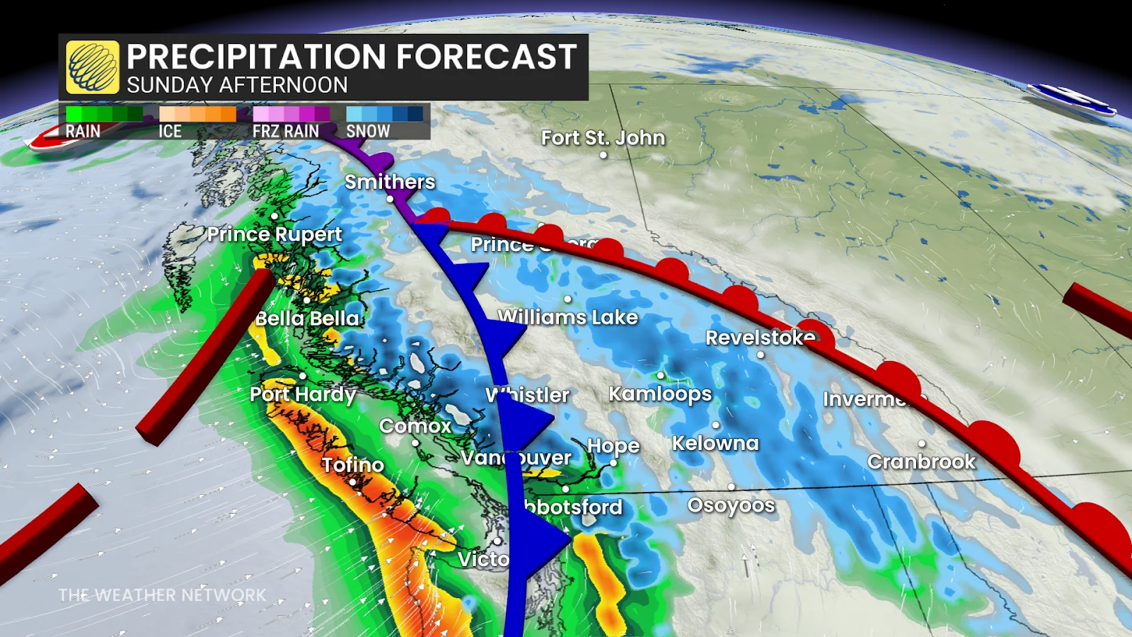 B.C. Sunday afternoon forecast fronts and precipitation - March 21, 2025