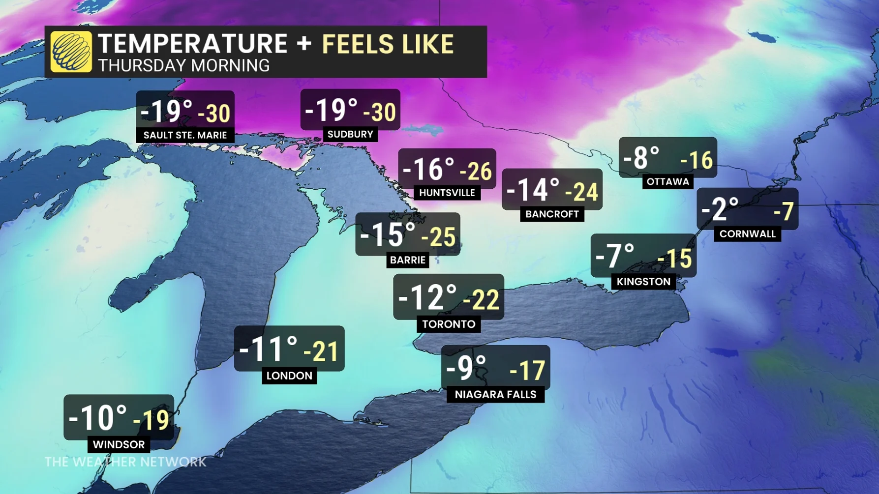 Ontario temperatures and wind chills Thursday