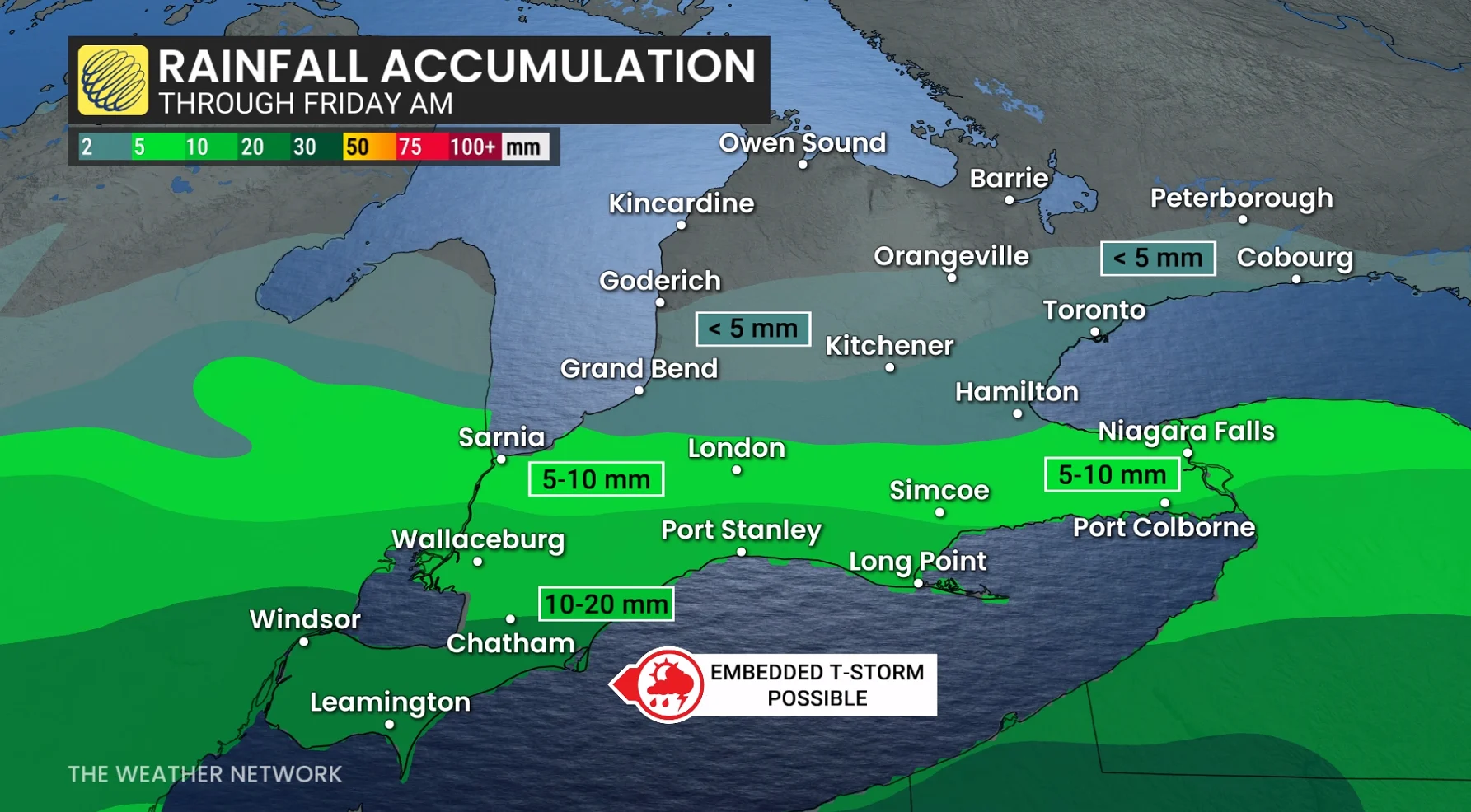 Southern Ontario forecast rainfall totals through Friday morning - March 5, 2026