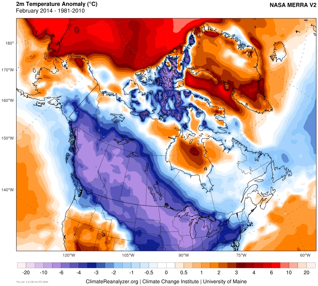 (Climate Reanalyzer) Temperature anomalies polar vortex February 2014