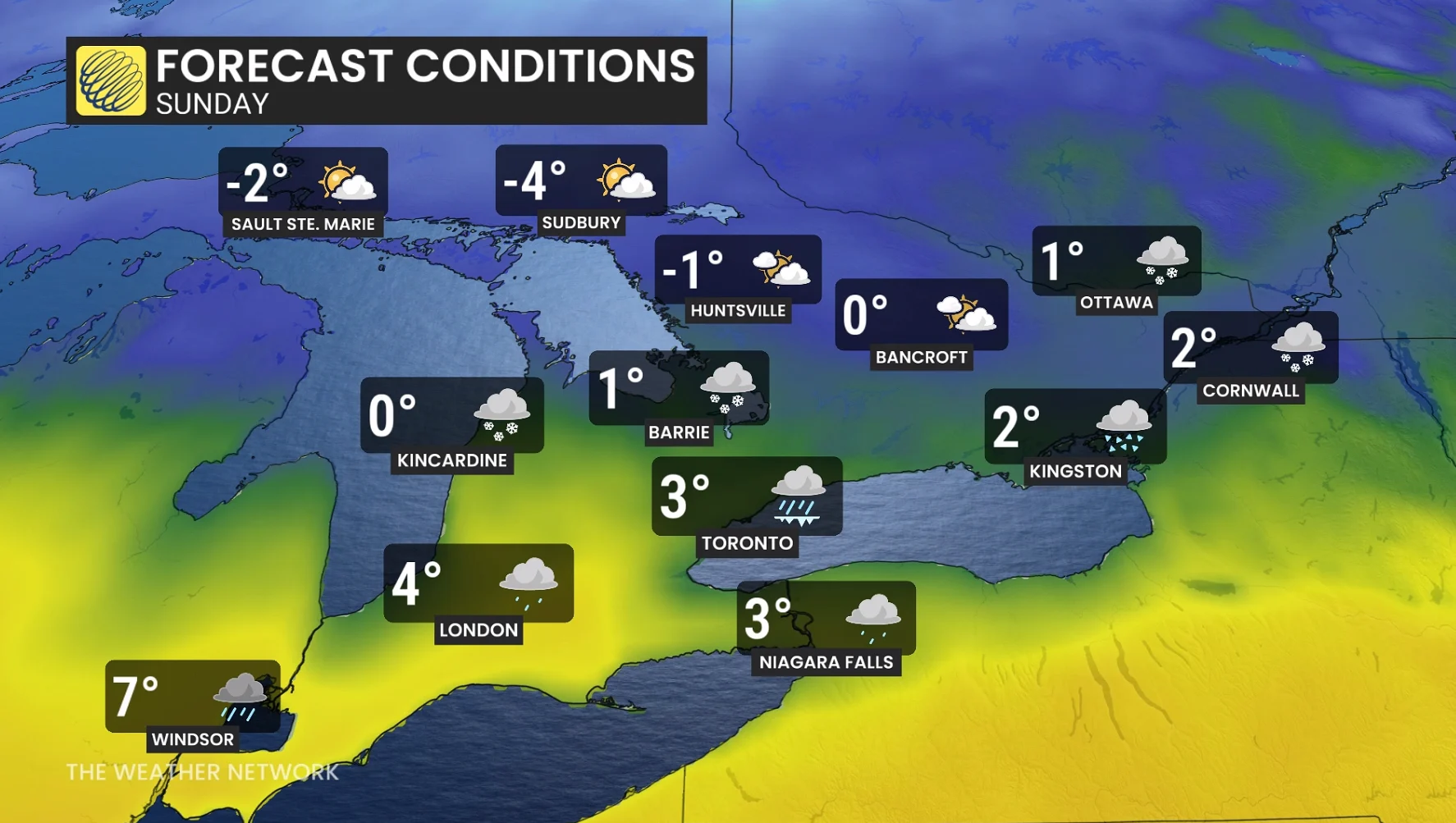Ontario temperatures and forecast conditions Sunday