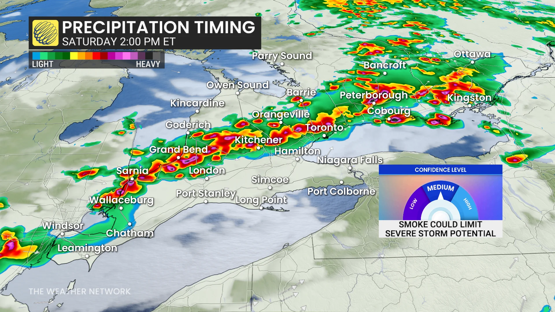 Ontario precipitation timing Saturday 2pm