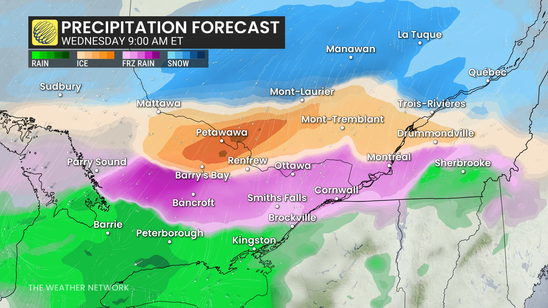 Ontario precipitation timing Wednesday morning