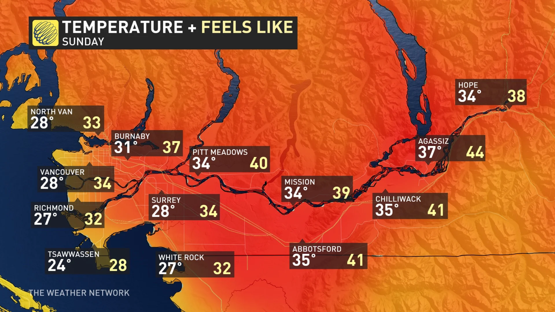 B.C. Sunday temperatures and feels-like values