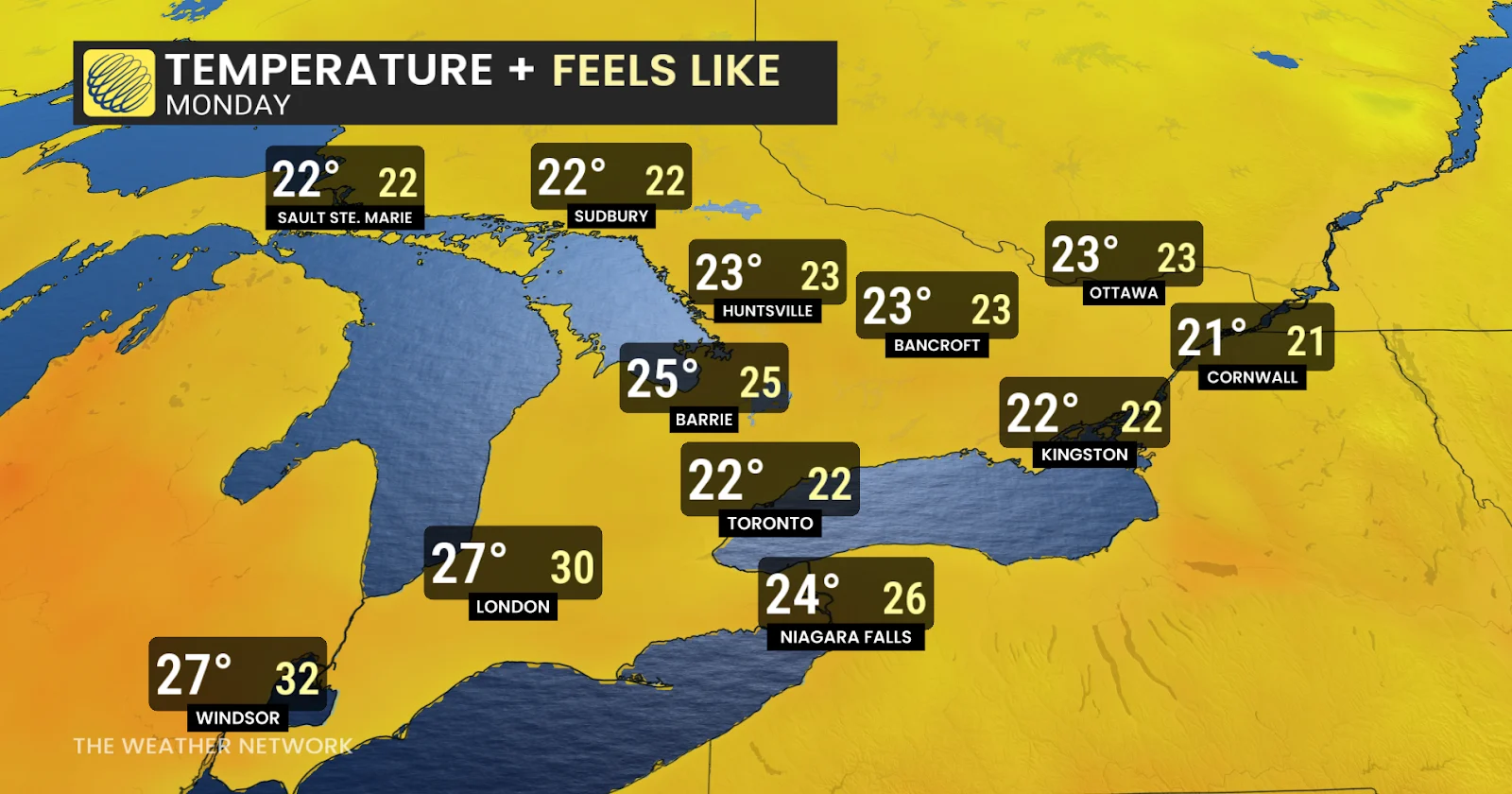 Southern Ontario temperatures Monday