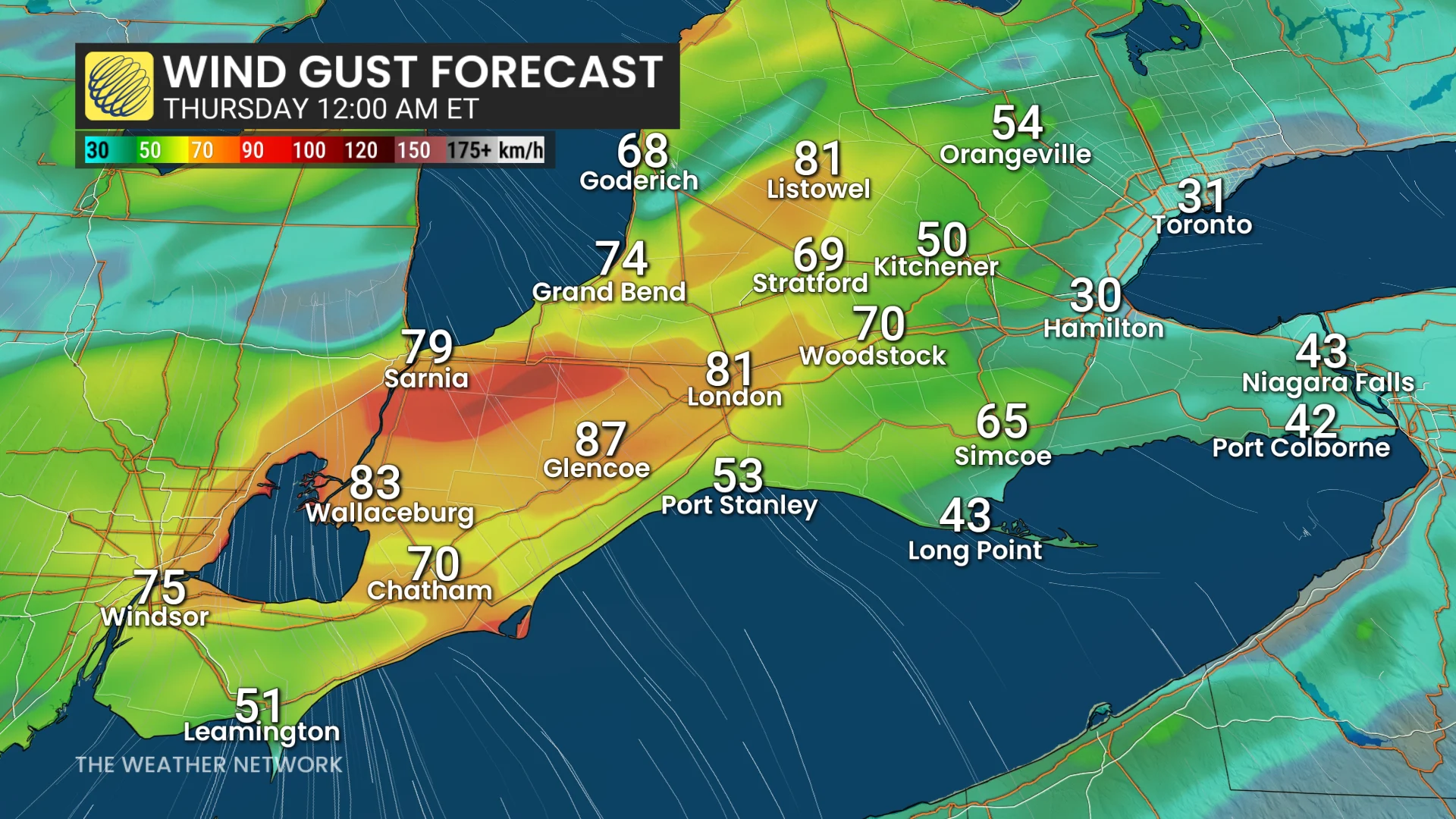 Ontario wind gust Thursday midnight