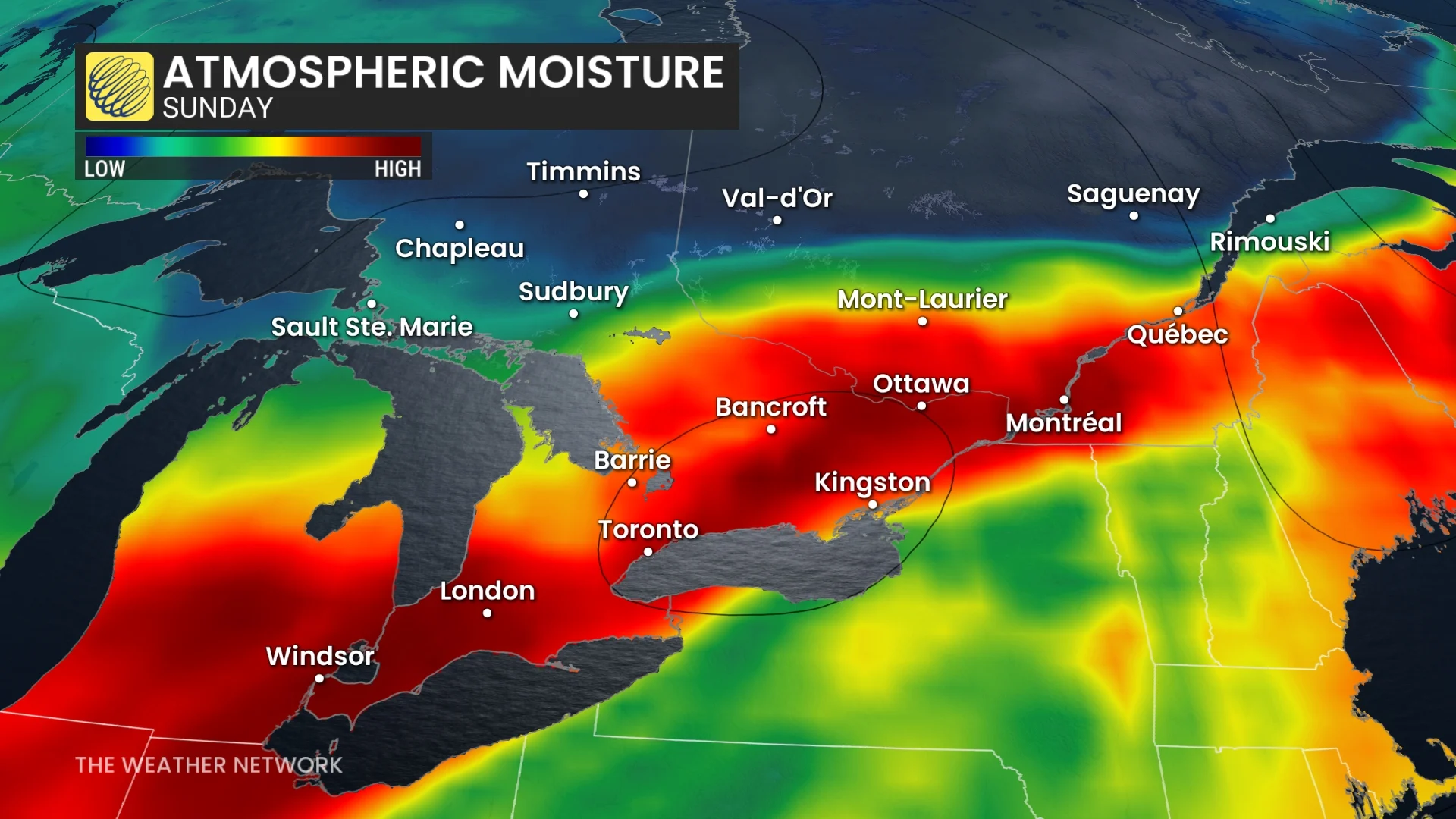 Ontario atmospheric moisture Sunday