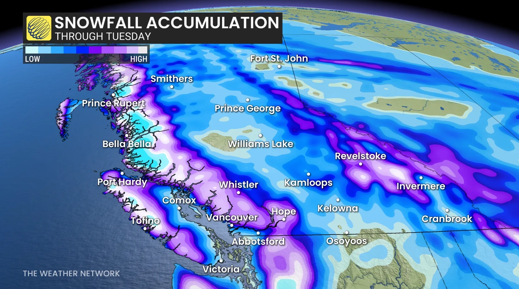 B.C. snowfall through Tuesday