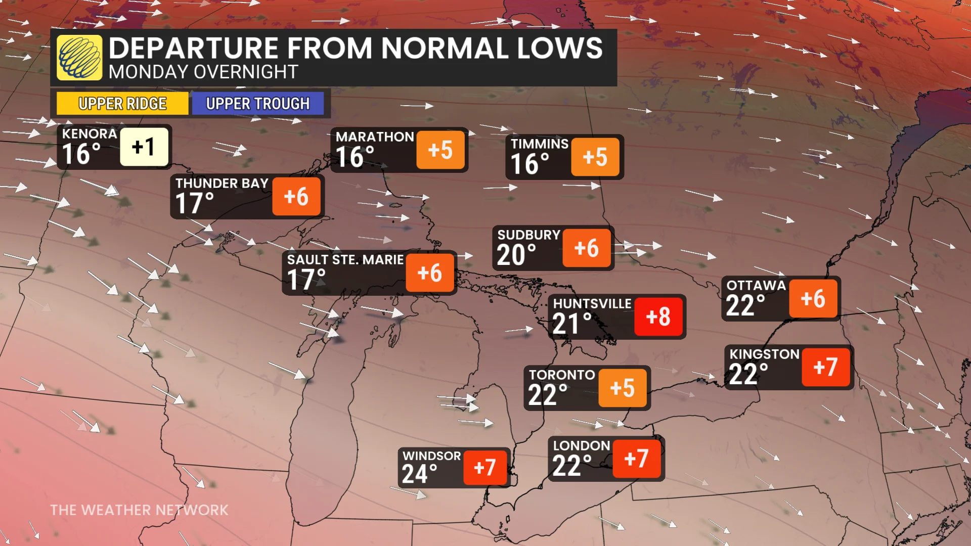 Ontario low temperatures Monday overnight