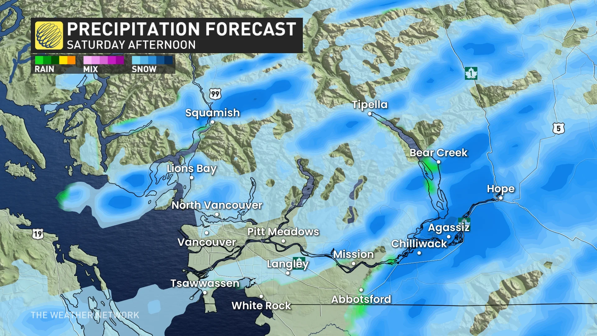 Saturday afternoon precpitiation forecast B.C.