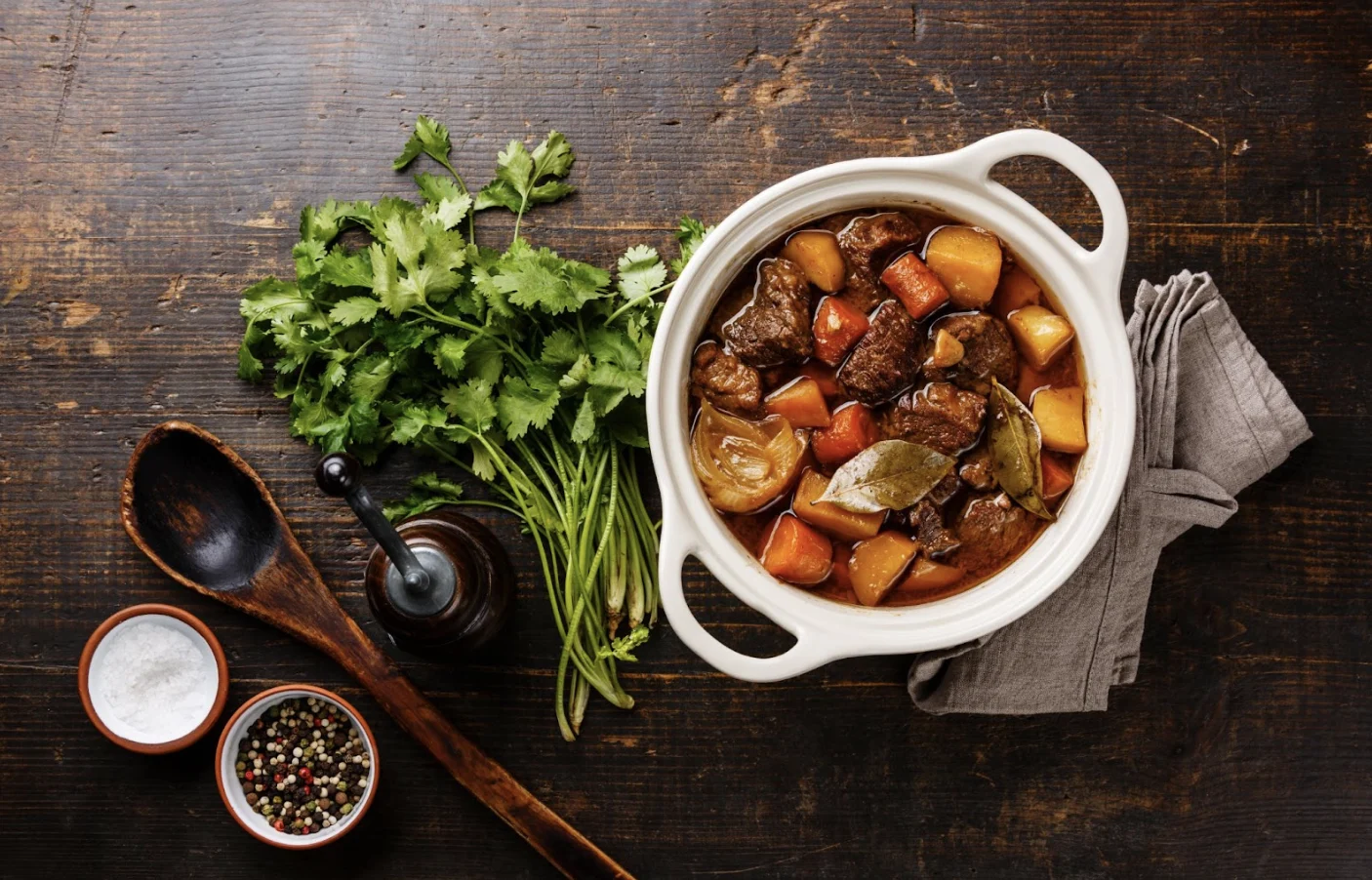 Getty Images: hearty beef and butternut squash stew. Fall food, soup, vegetables.