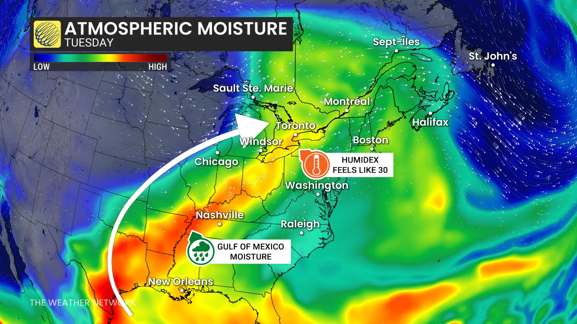 Ontario atmospheric moisture Tuesday