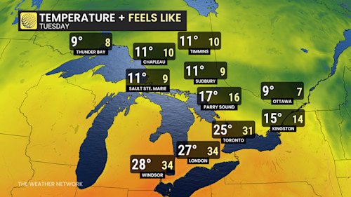 Ontario Tuesday highs and humidex - Oct. 12, 2026