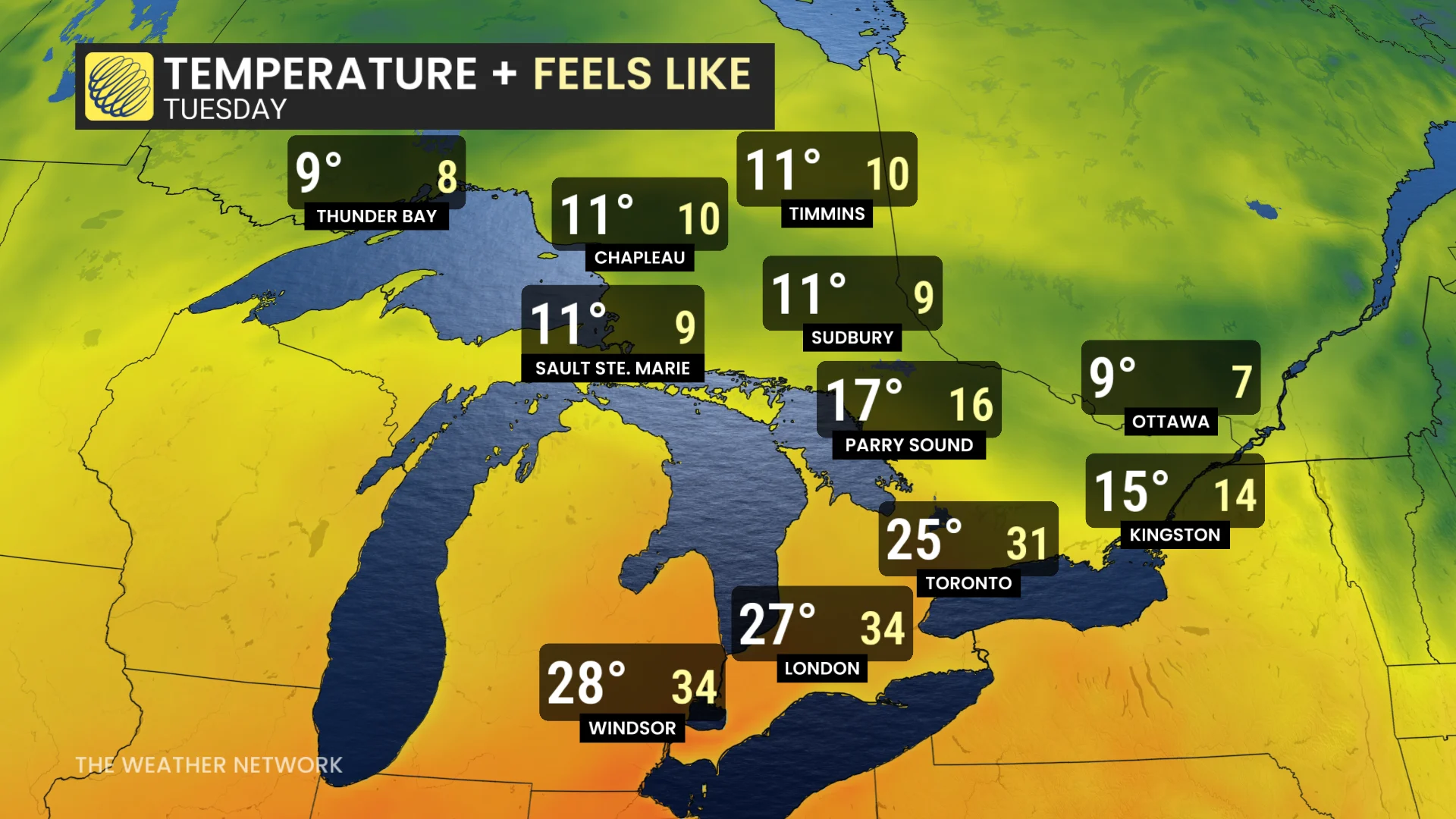 Ontario Tuesday highs and humidex - Oct. 12, 2026