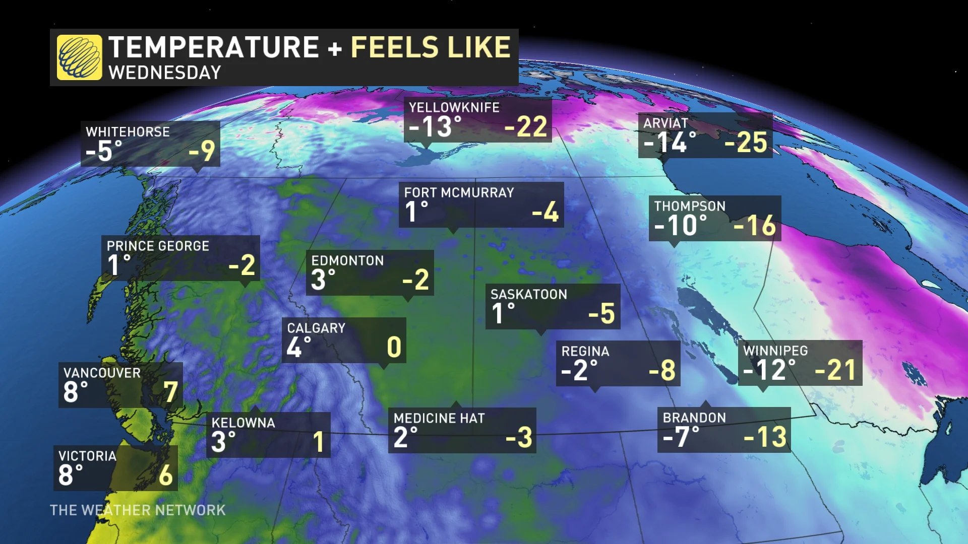 Baron - Western Canada temperatures Wednesday - Jan6