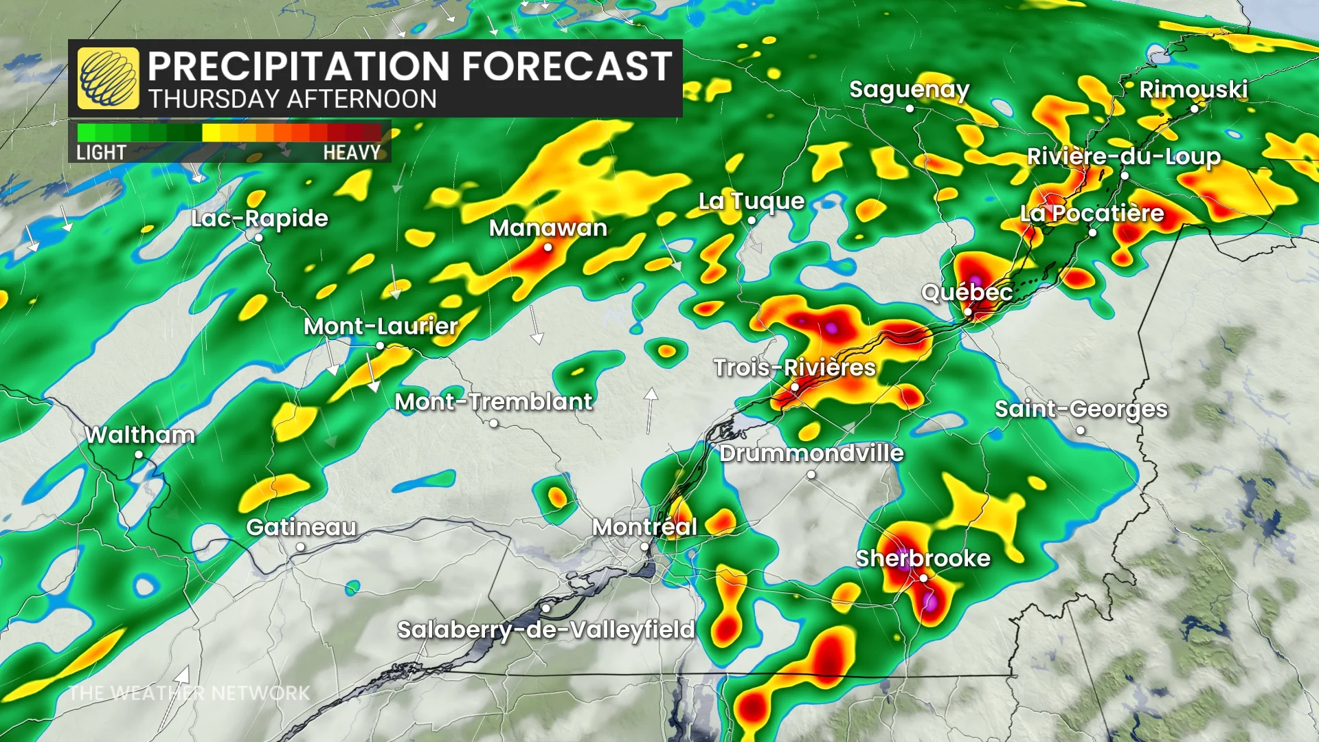 Quebec precipitation timing Thursday afternoon