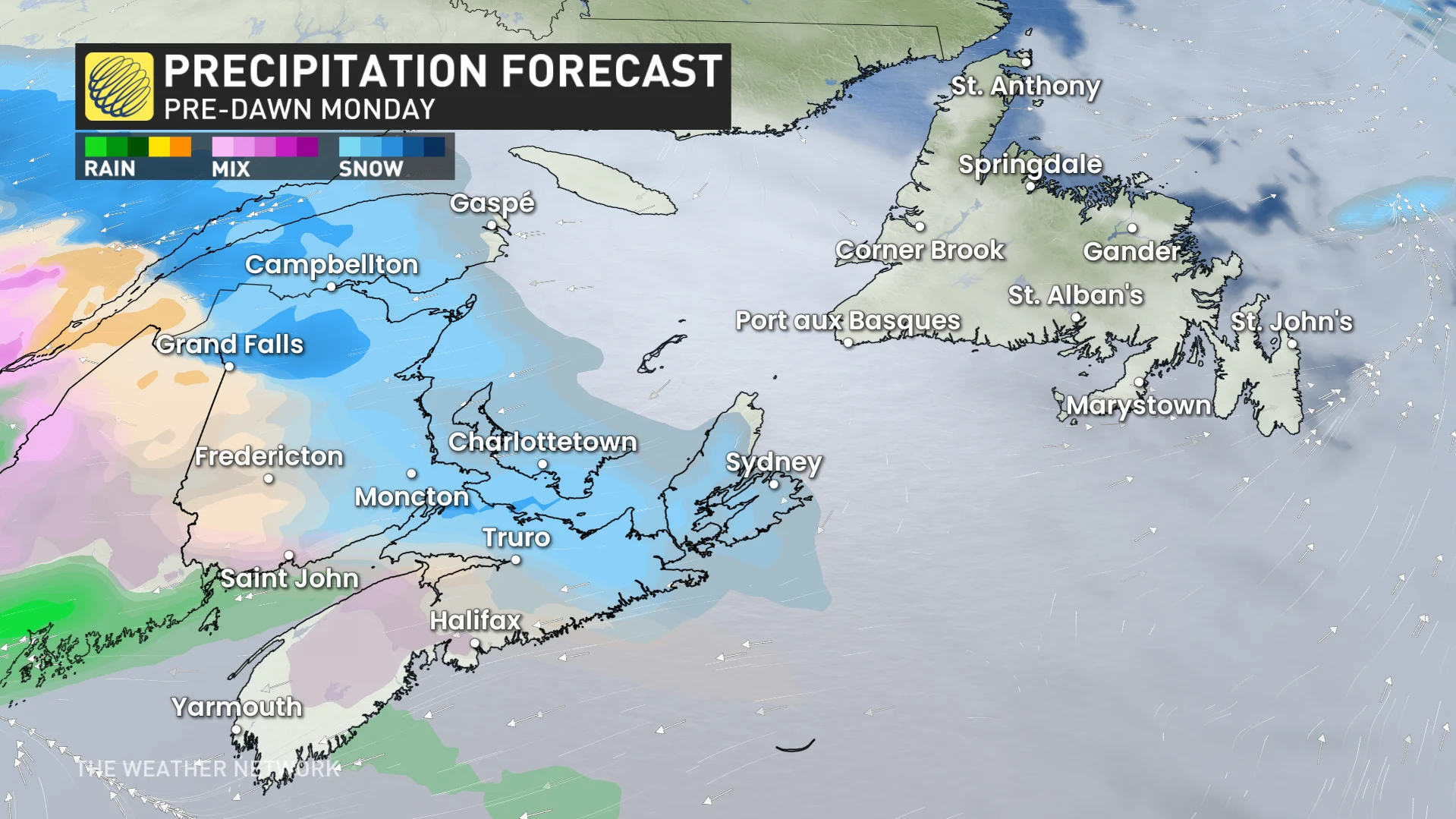 Atlantic Canada precipitation predawn Monday