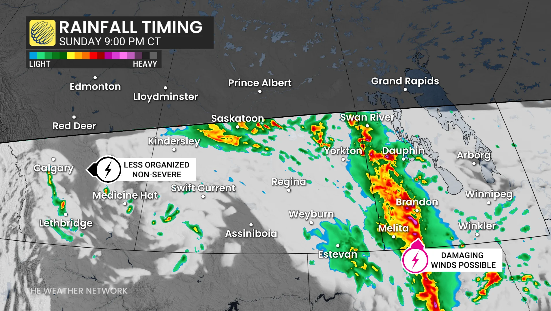Prairies precipitation timing Sunday evening