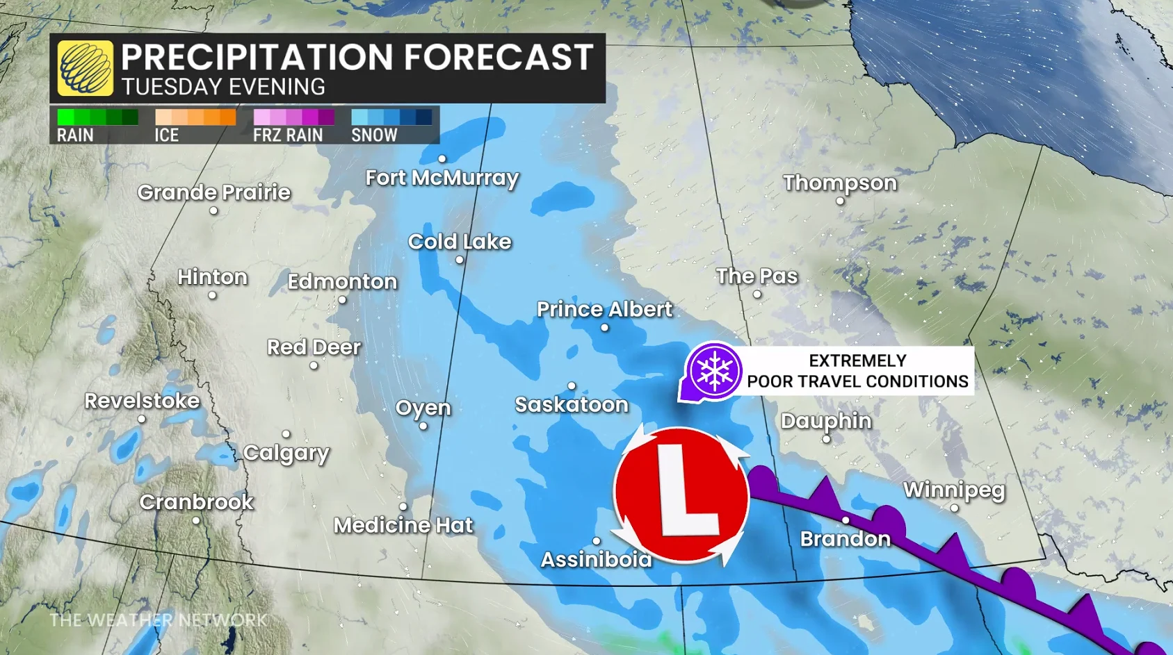 Prairies precipitation timing Tuesday evening
