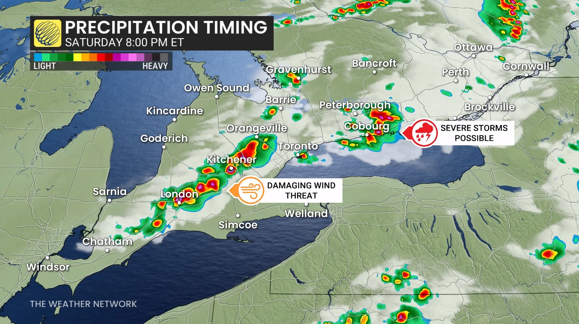 Ontario Quebec precipitation timing Saturday evening
