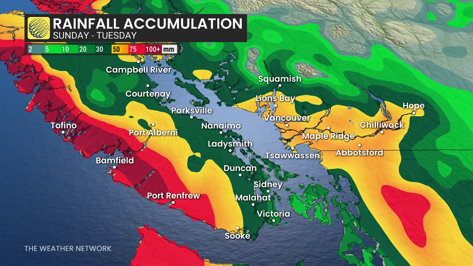 B.C. South Coast forecast rainfall totals Sunday through Tuesday - March 21, 2025