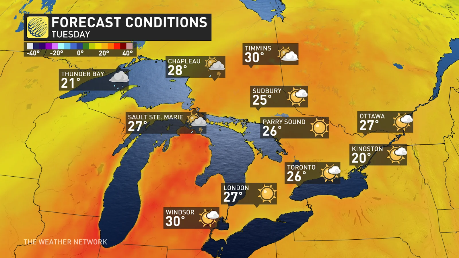 Ontario forecast temperatures and conditions on Tuesday - June 2, 2025