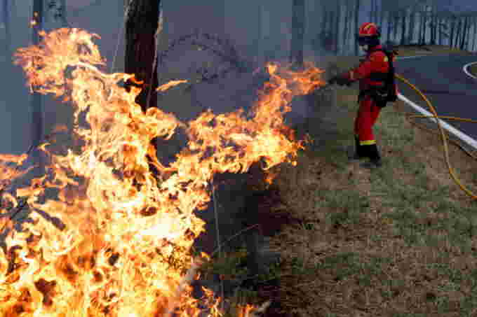 Reuters: A firefighter from the Unidad Militar de Emergencias (UME) tackles a forest fire near Artazu, Navarre province, Spain, June 19, 2022. REUTERS/Vincent West TPX IMAGES OF THE DAY
