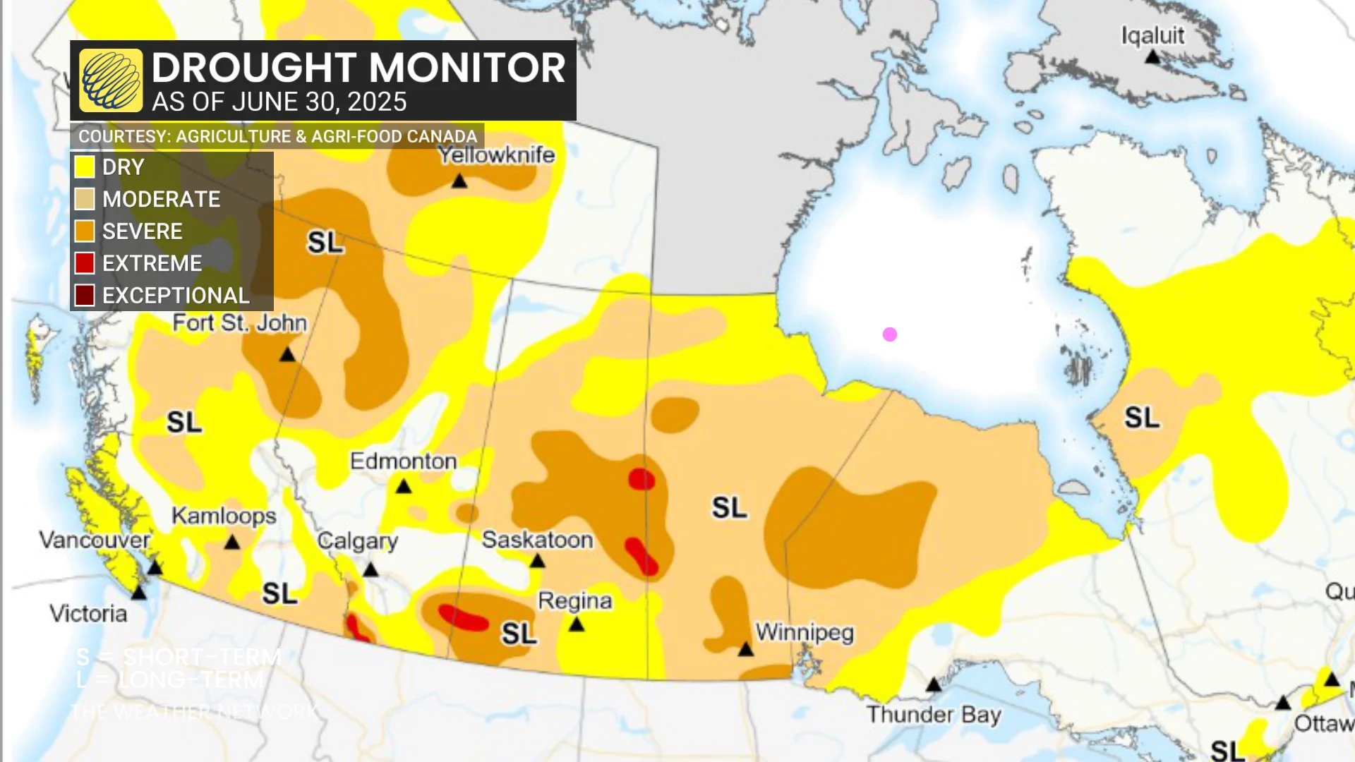 Canada-wide drought monitor as of June 30, 2025