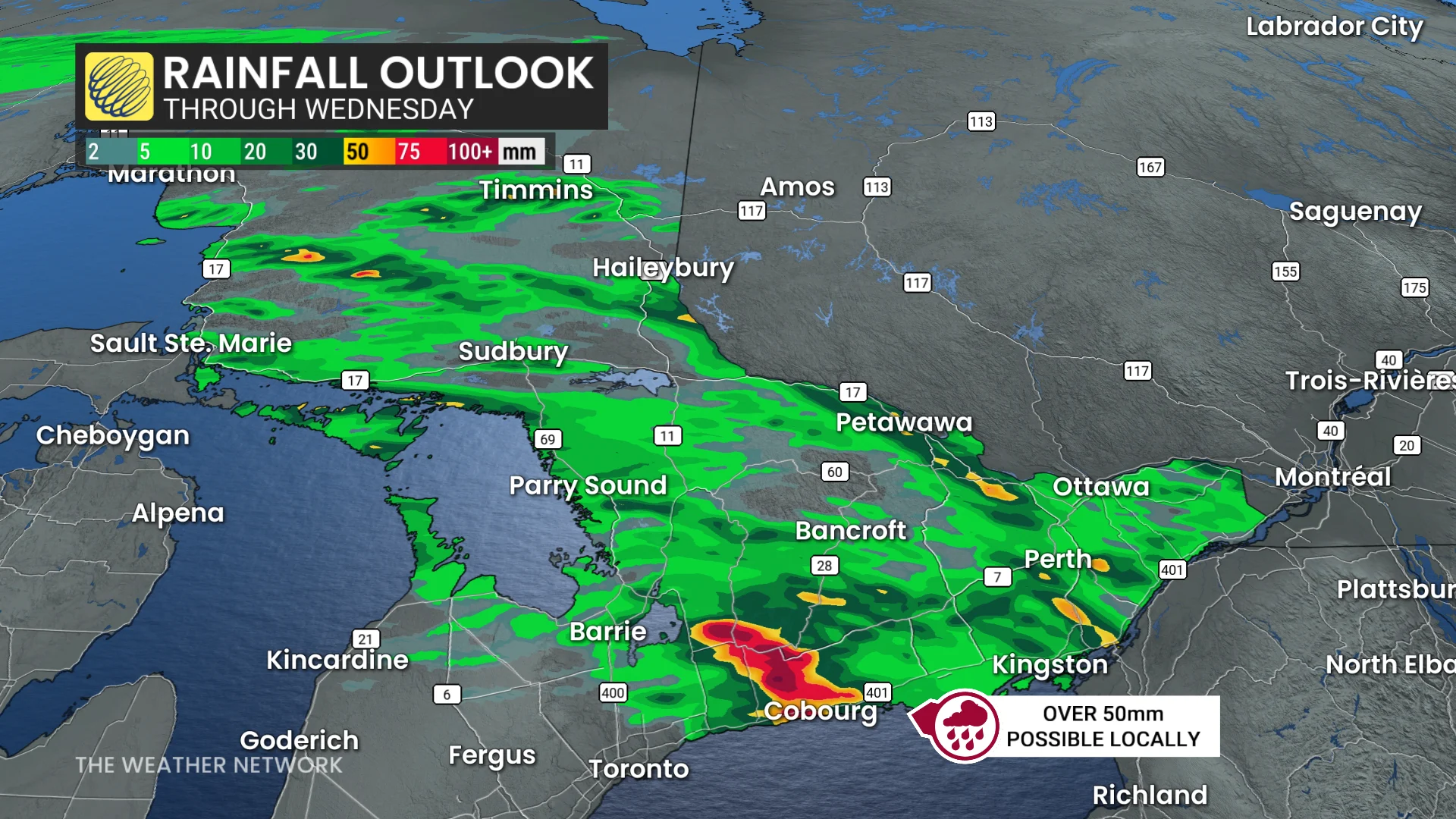 Ontario rainfall accumulation through Wednesday