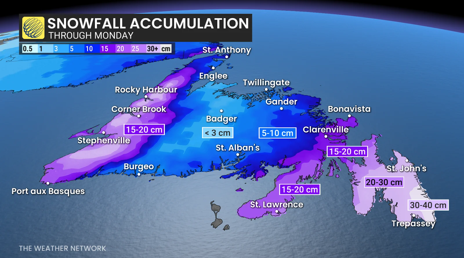 Newfoundland forecast nor'easter snow totals through Monday - Feb. 8, 2025