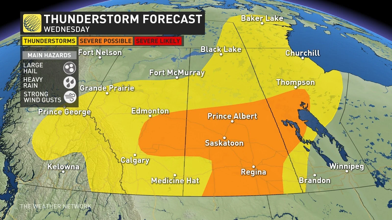 Prairies Wednesday storm risk map Aug 20 2024