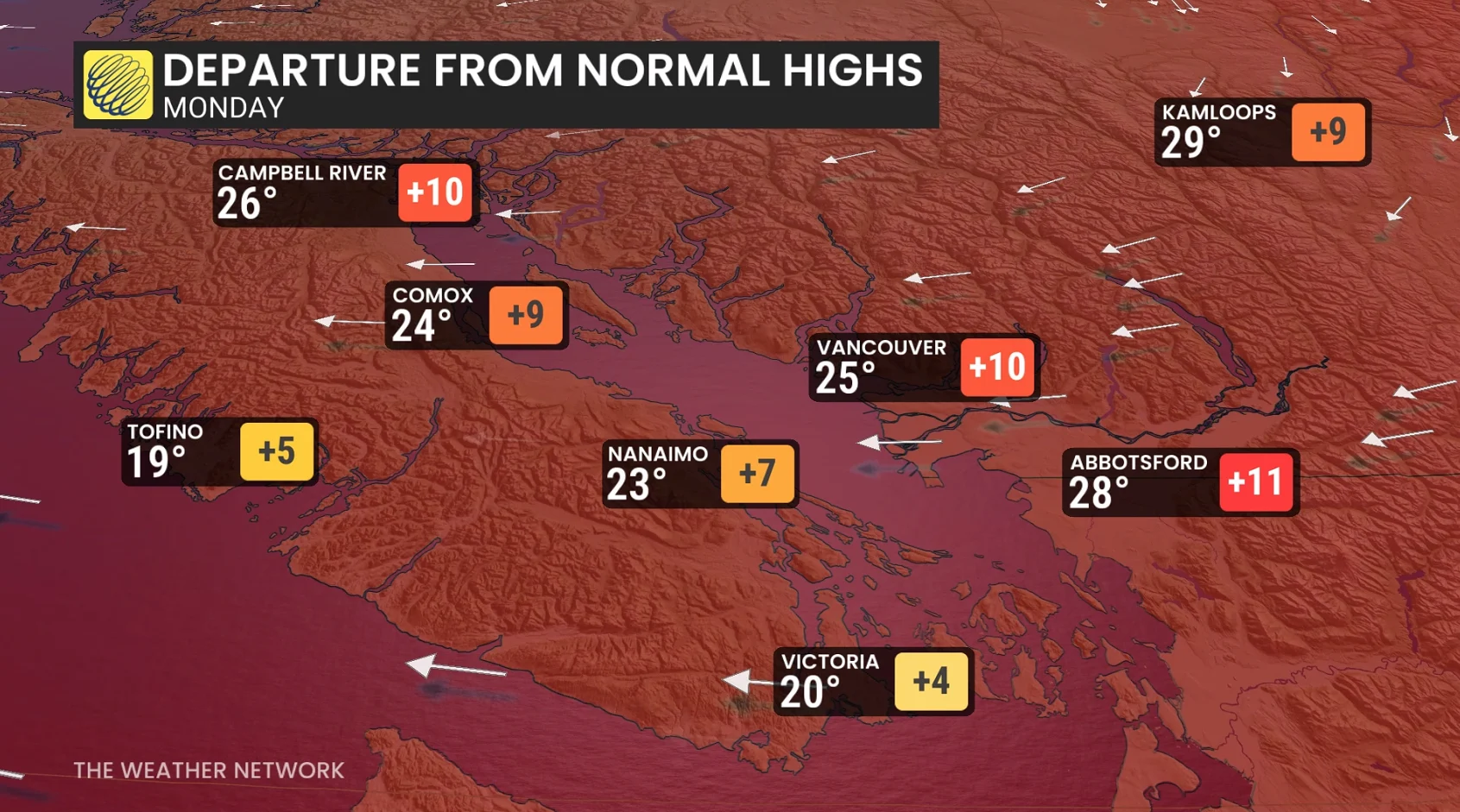 British Columbia Departure from Normal Highs Monday