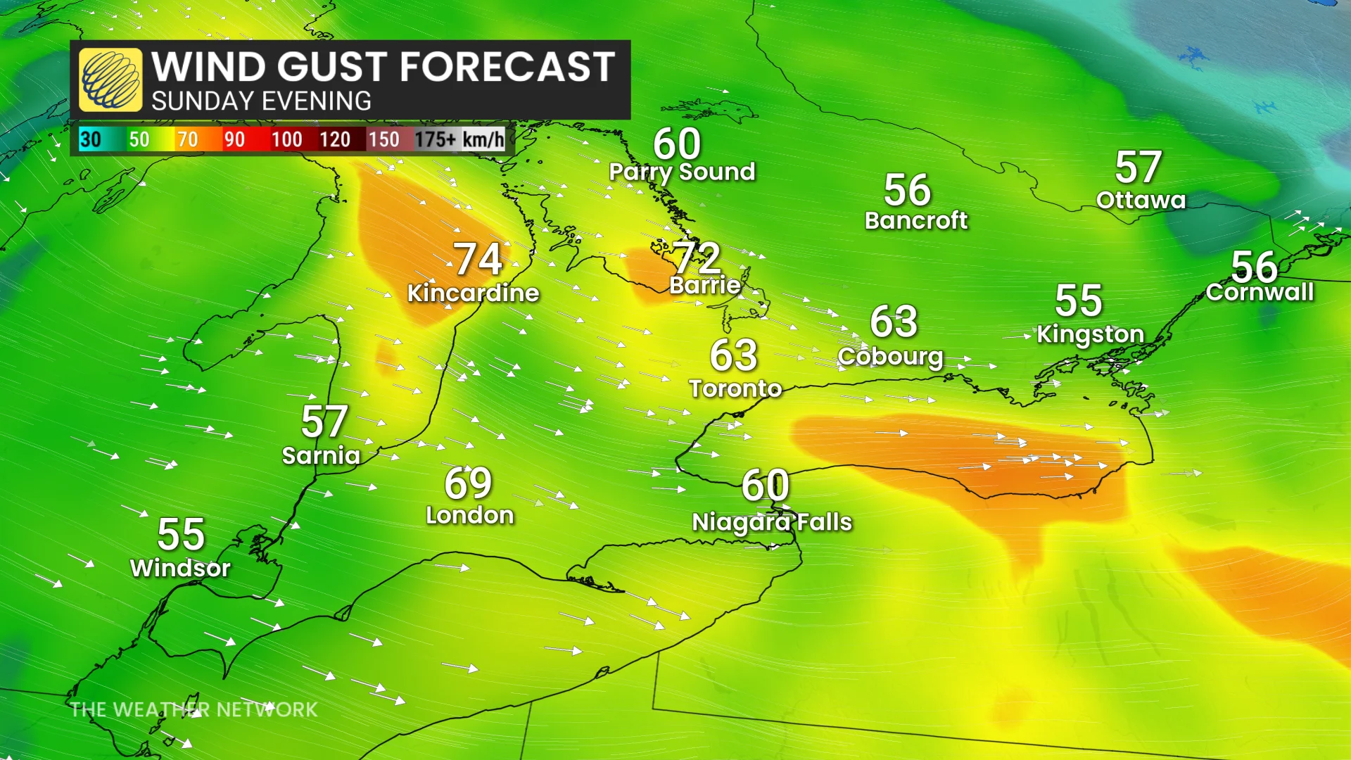 Southern Ontario winds Sunday evening
