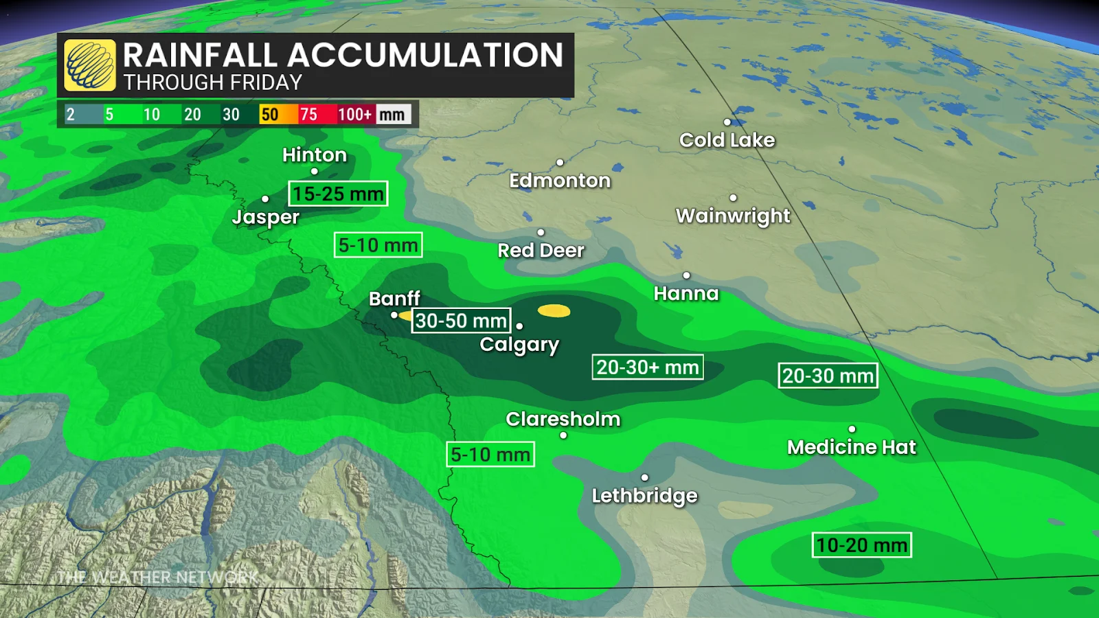 Alberta Thursday forecast total rainfall amounts - July 16, 2025