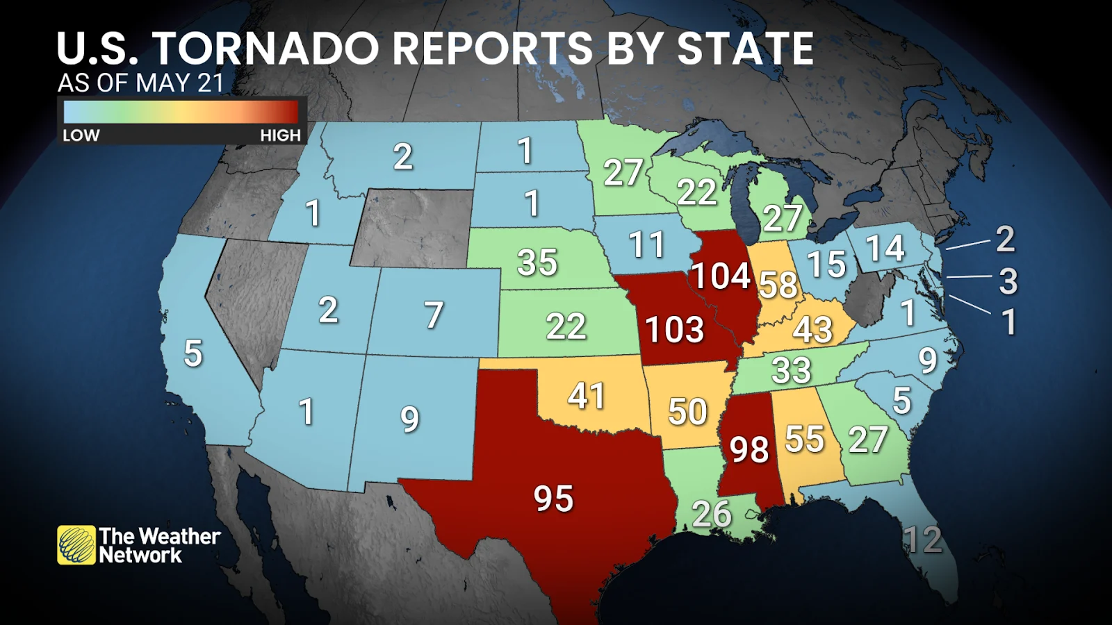 US Tornado Reports by State May 21 2025