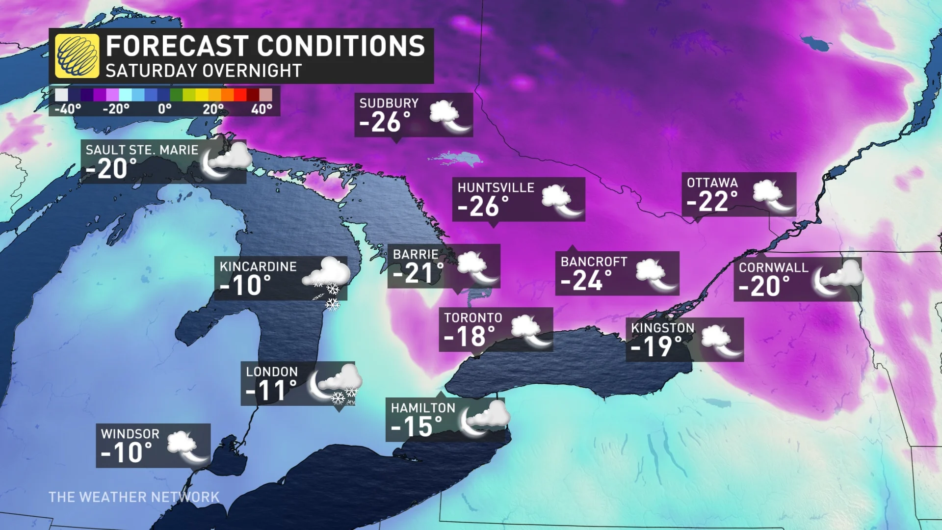 Southern Ontario Saturday overnight temperatures and icons