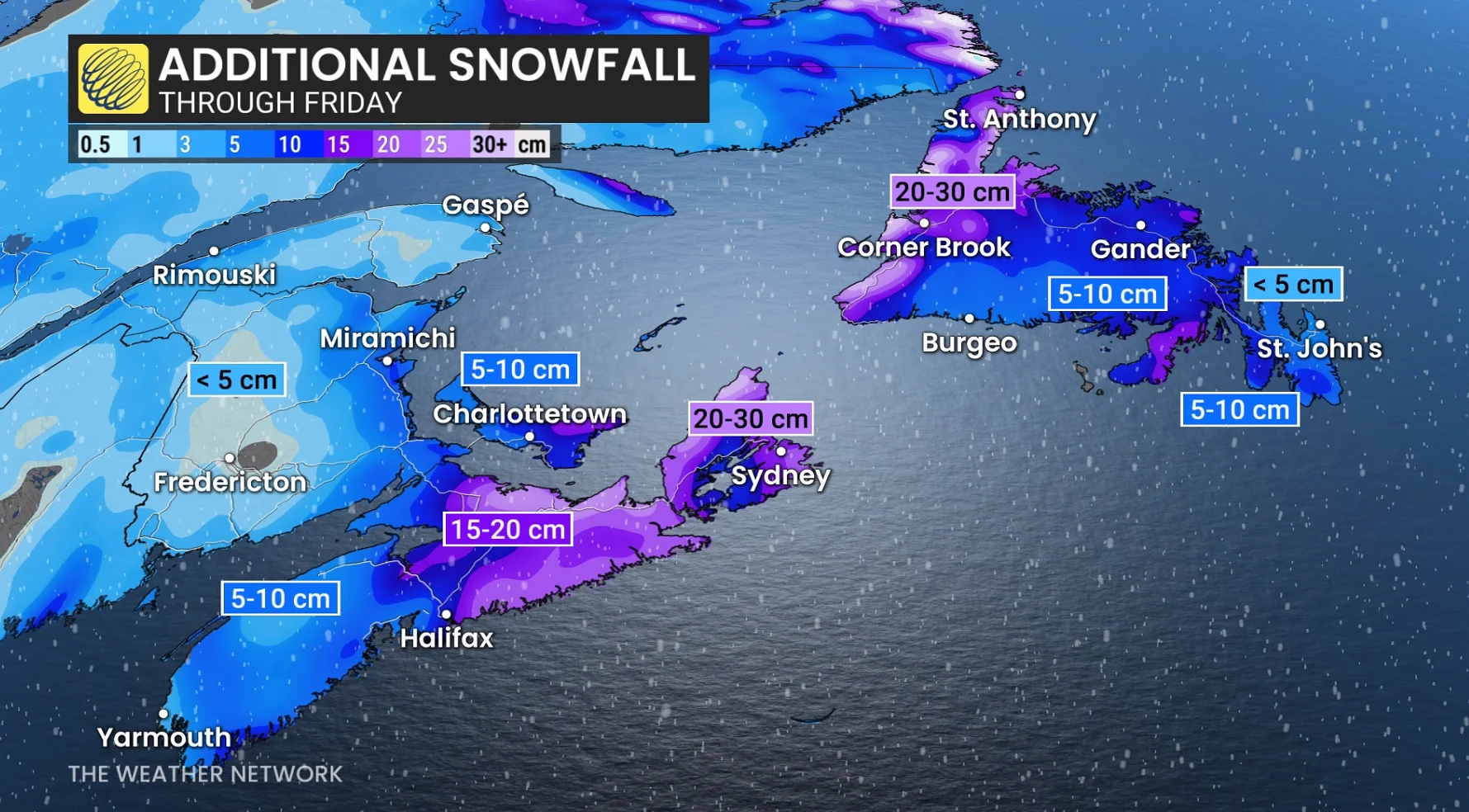 Atlantic Canada additional snowfall through Friday