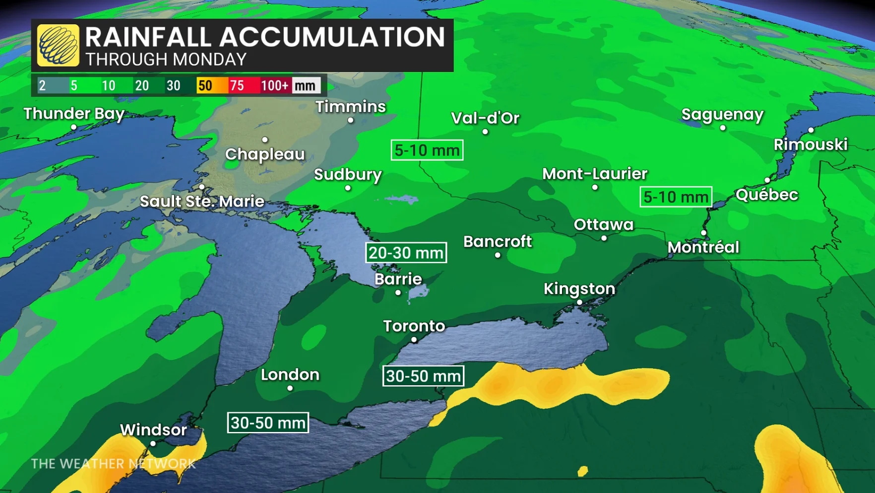 Ontario rainfall through Monday