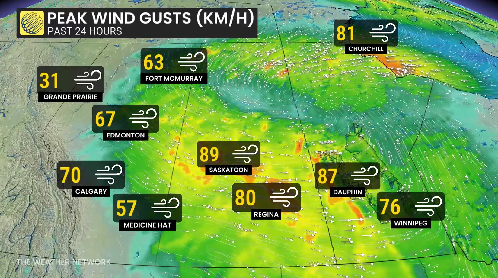 Prairies peak wind gust the past 24 hours