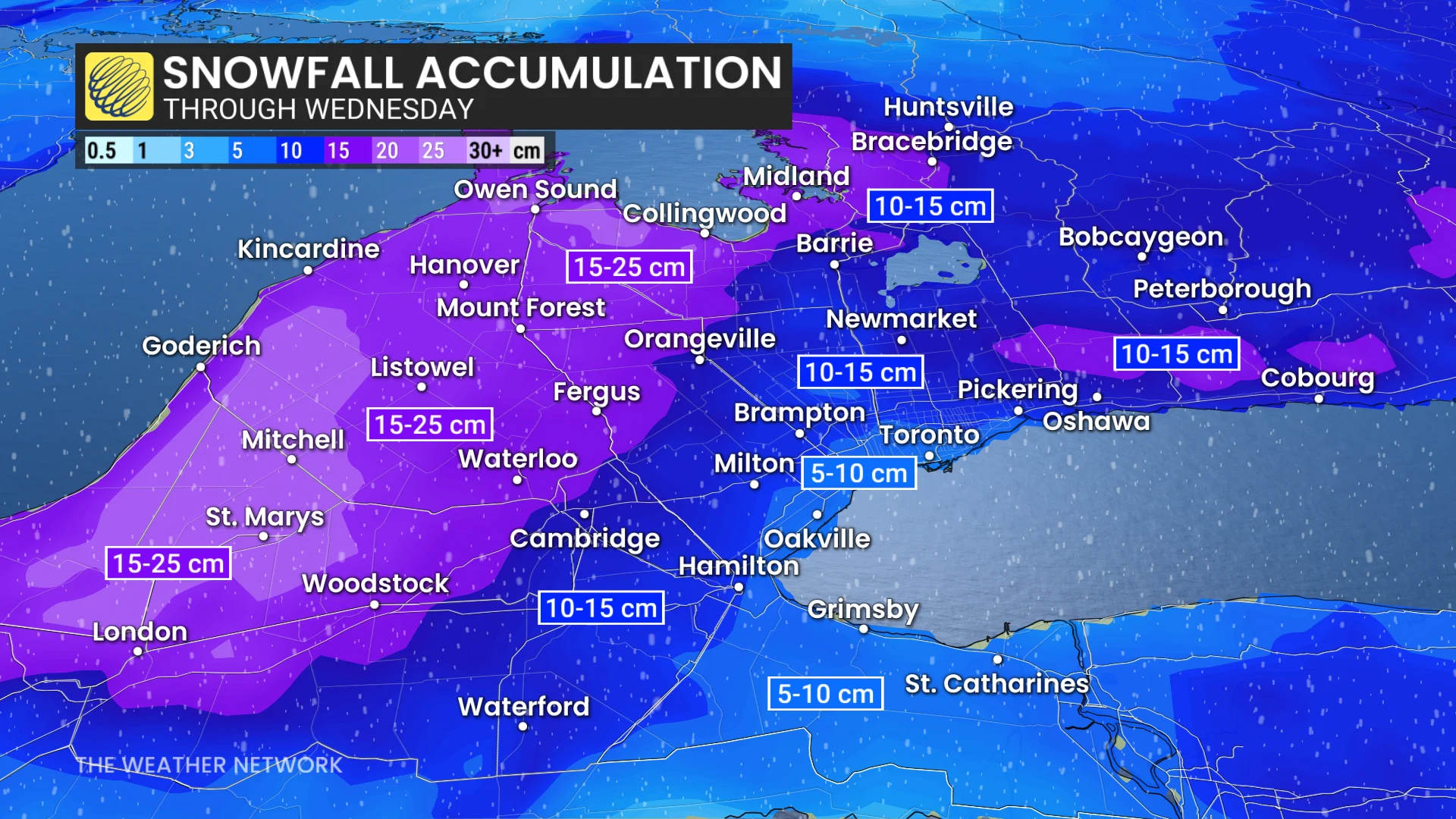 Southern Ontario snowfall zoomed-in crop through Wednesday