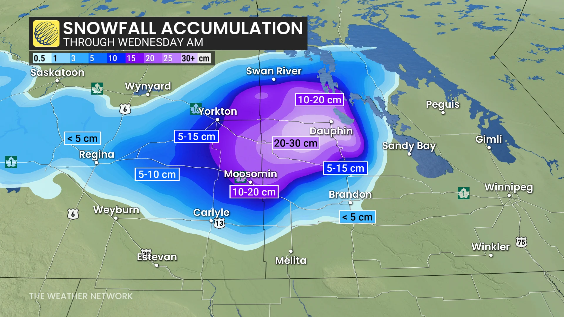 Saskatchewan and Manitoba snowfall accumulation through Wednesday morning