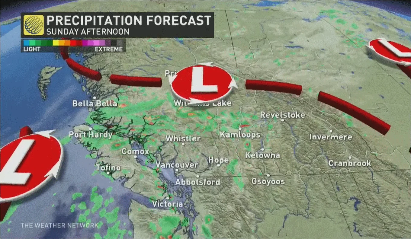 British Columbia precipitation Sunday evening