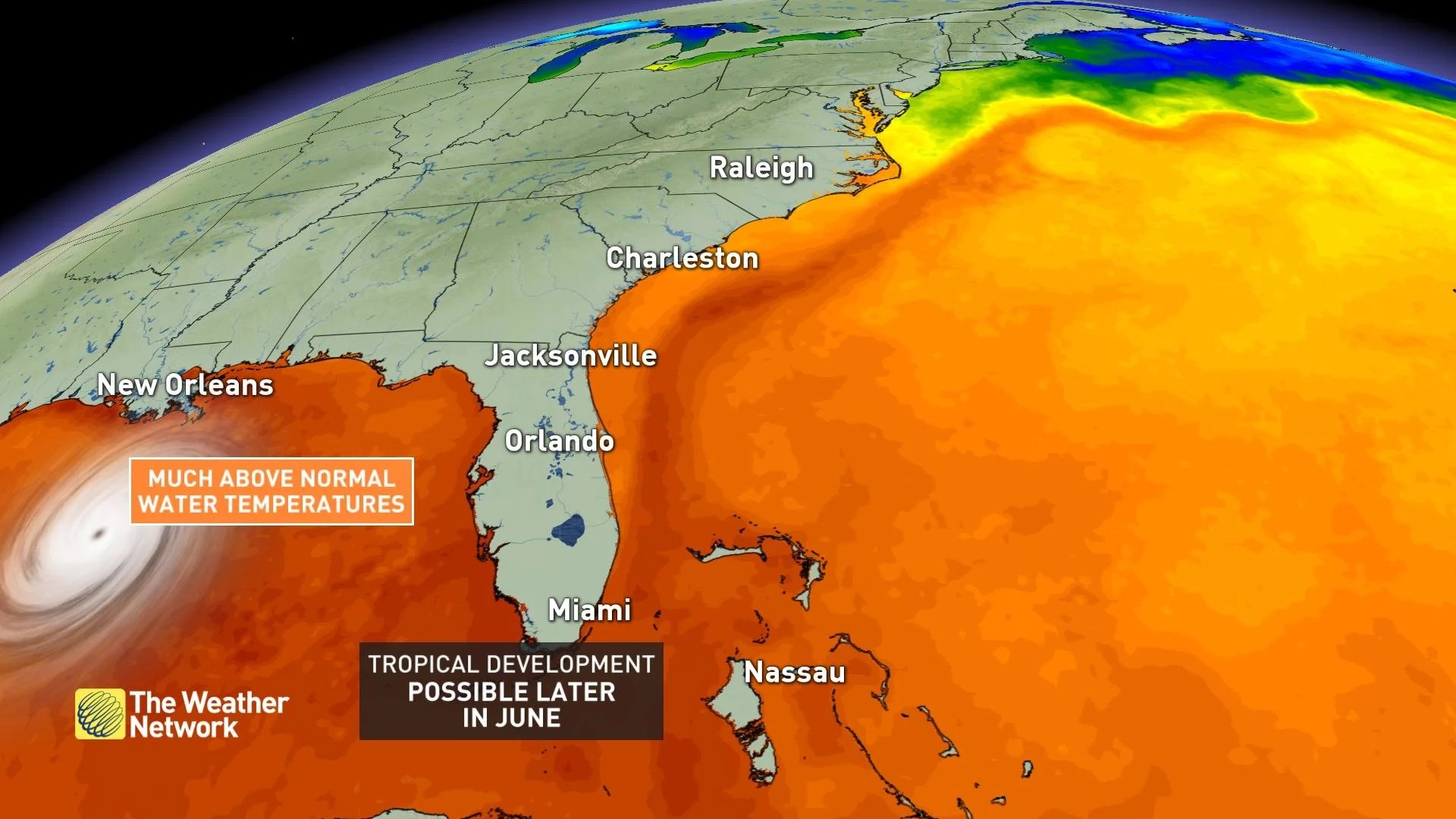 Sea surface temperatures around Florida and storm development graphic