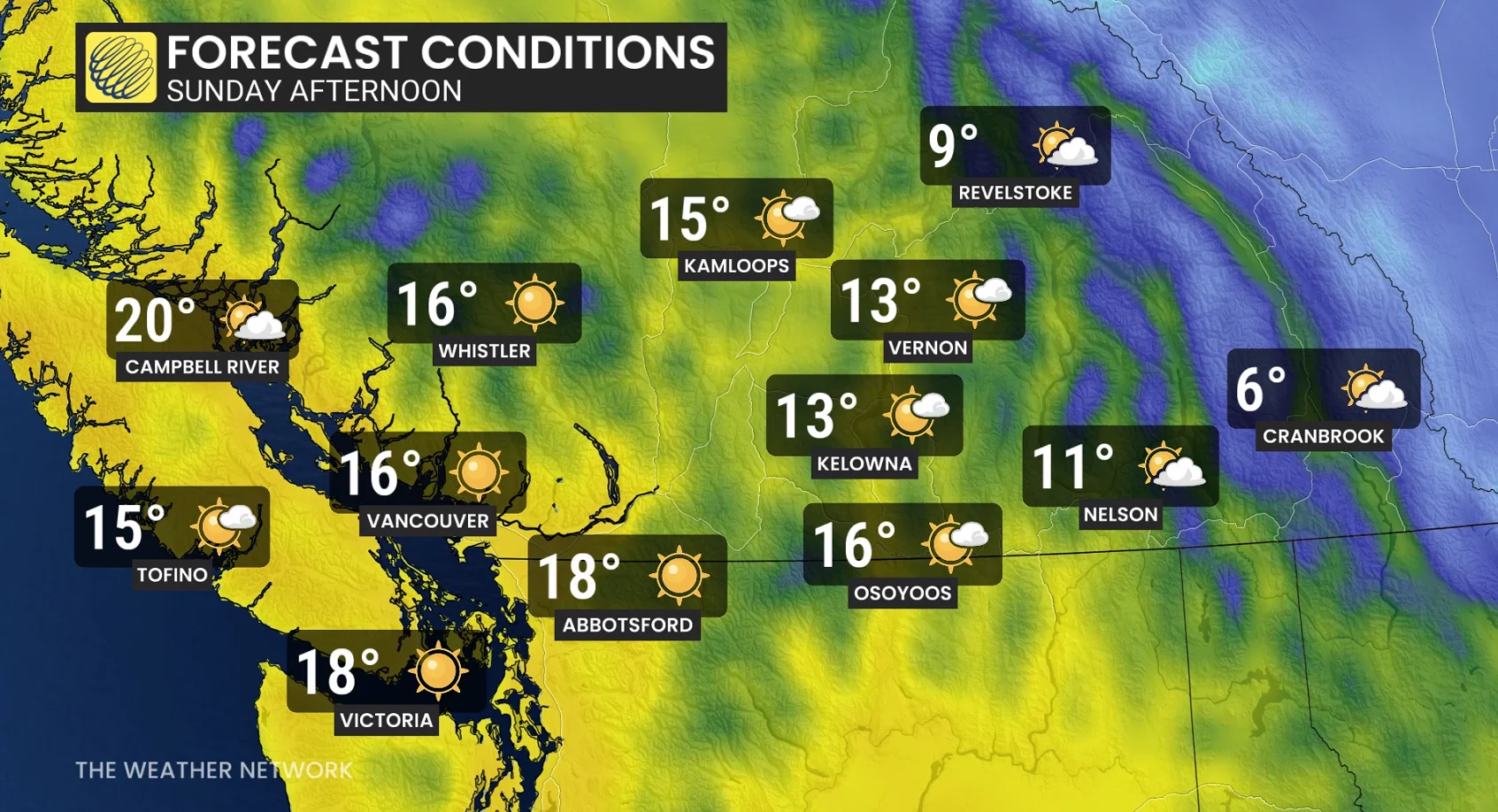 B.C. temperatures Sunday afternoon