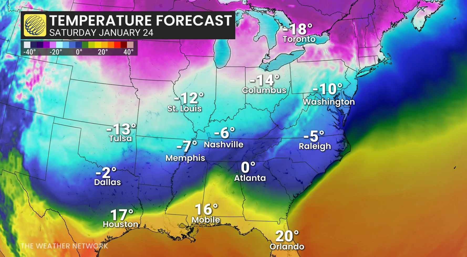 North American temperature forecast Saturday