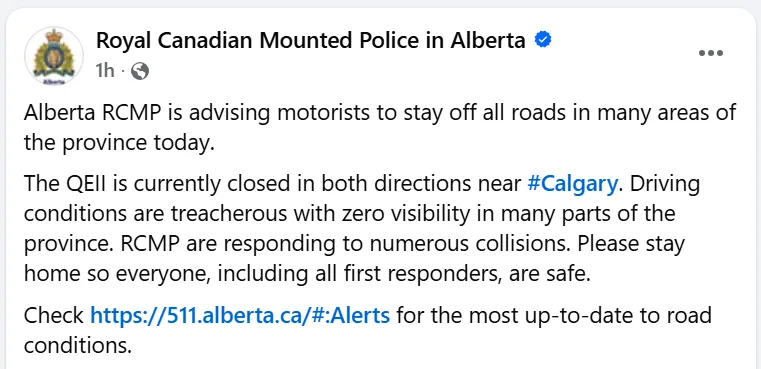 RCMP Alberta Facebook advise Alberta drivers to stay off the roads Dec. 17, 2025
